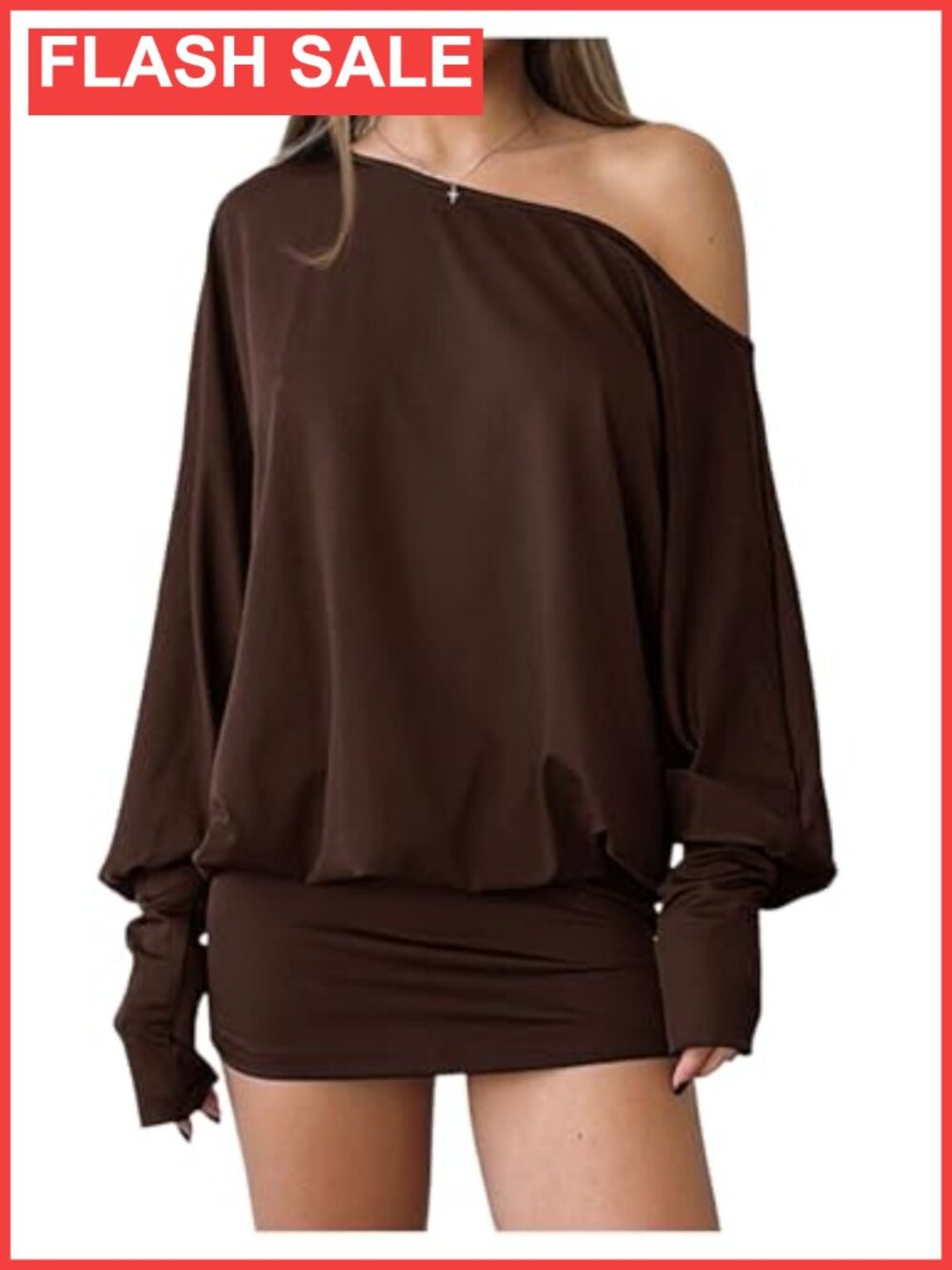 Women's Off Shoulder Long Sleeve Bodycon Mini Dress Thumb Holes